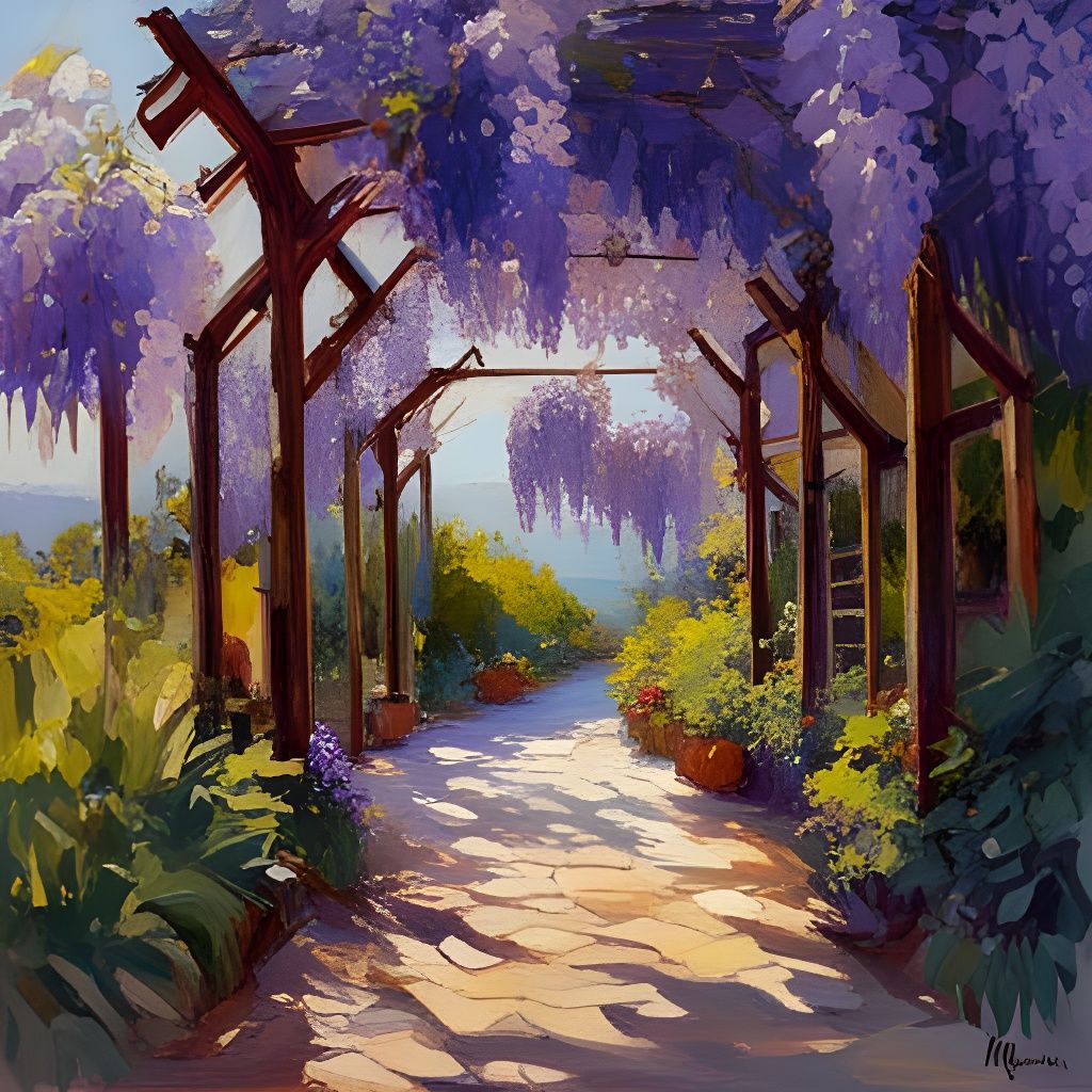 Wisteria Pergola in Vibrant Digital Impressionism