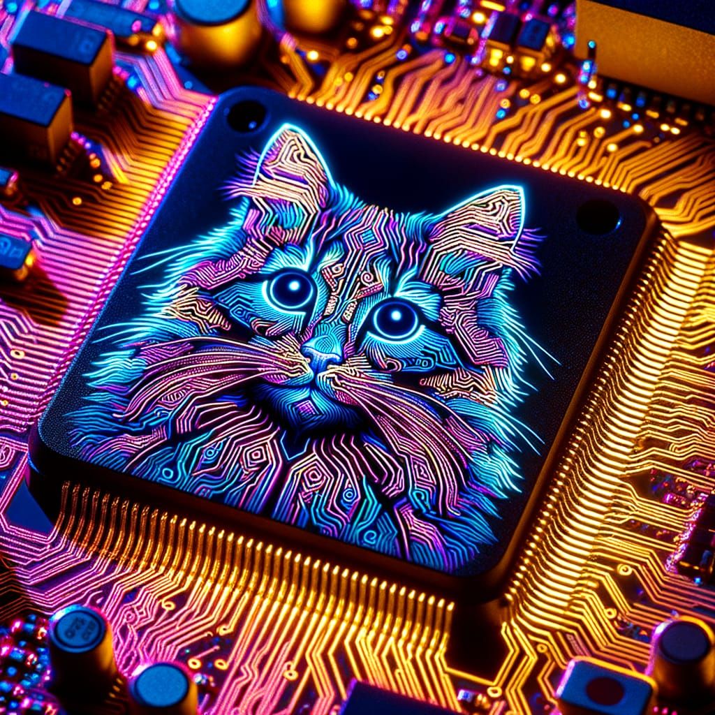 Neon Circuit Cat Microphotography on Computer Chip