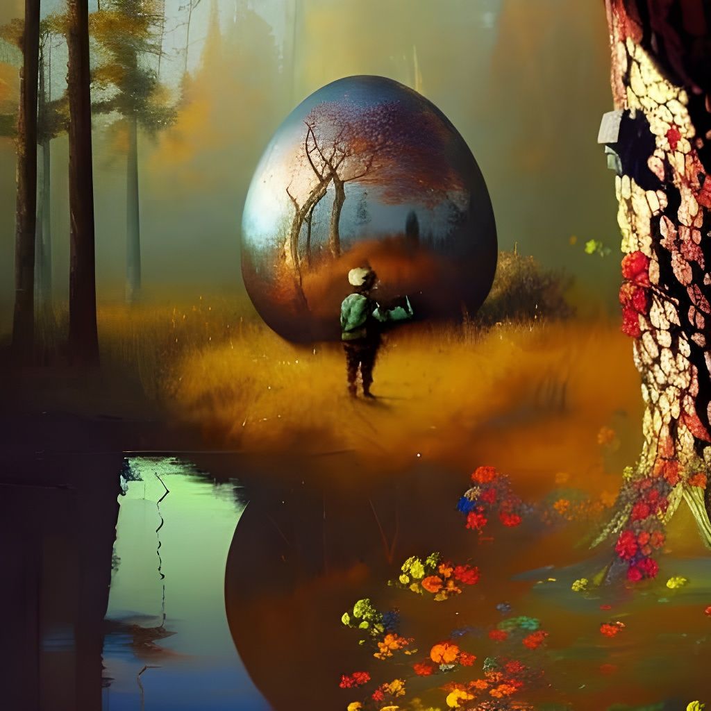 Boy Marvels at Decorated Egg: Fantastical Autumn Artwork