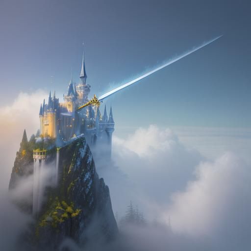 Fantasy mystical full-length sword falling in the air on a w...
