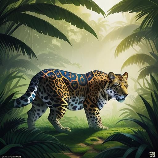 Pixel Art Jaguar Amidst Tropical Jungle