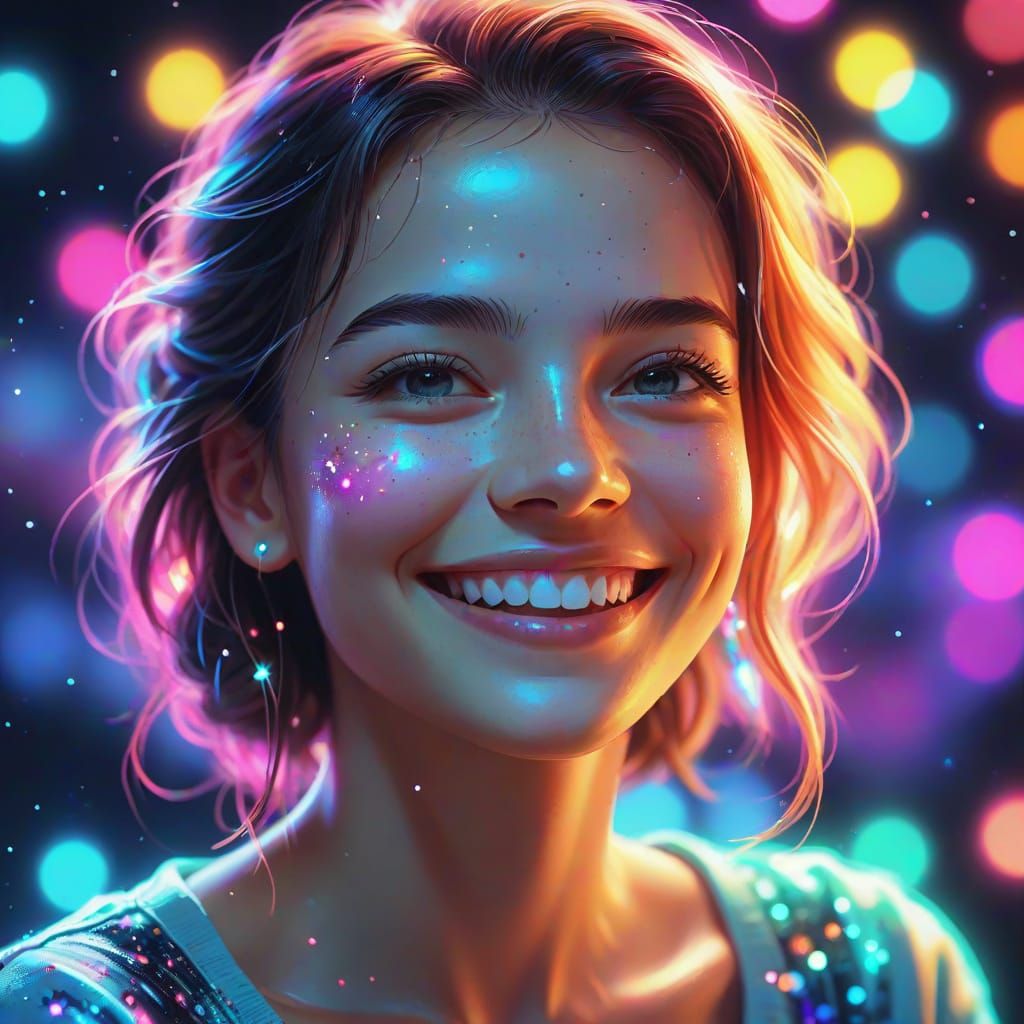 Smiling Woman in Neon Lights: Vibrant Digital Art