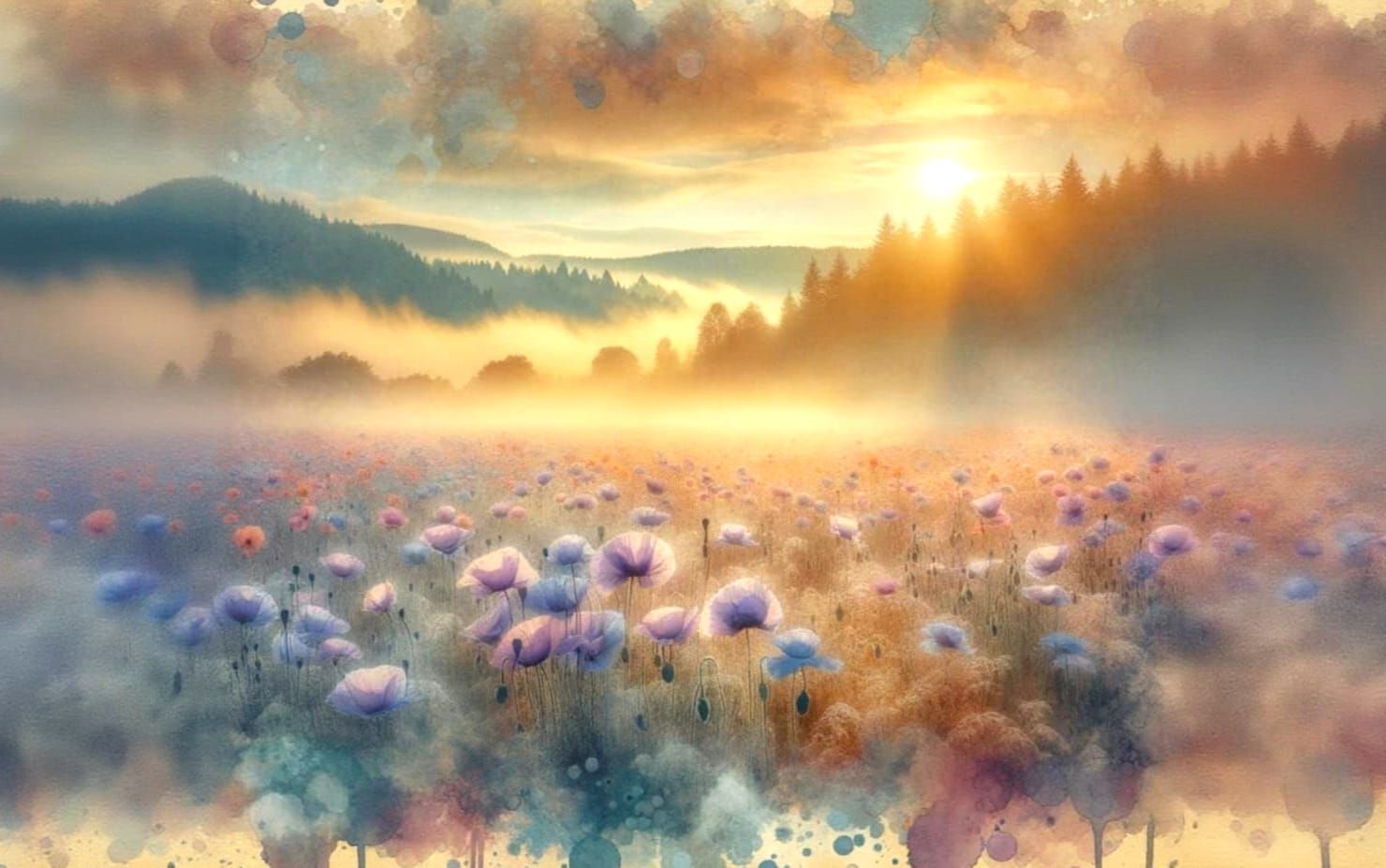 Hazy Sunrise Over Poppy Field in Impressionistic Style