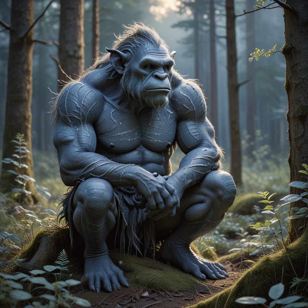 Troll in Forest Clearing at Dusk: Ink and Wash