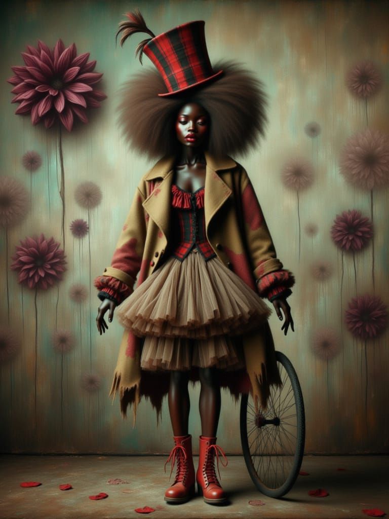 Sad Clown on Unicycle in Noir Circus Style
