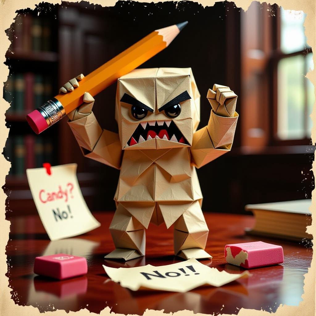 Origami Golem Tantrum in Victorian Study, Hyperrealistic Art
