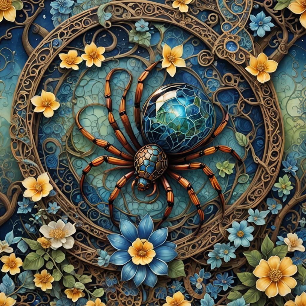 Surreal Serpent Spider Tattoo with Blue Poppy