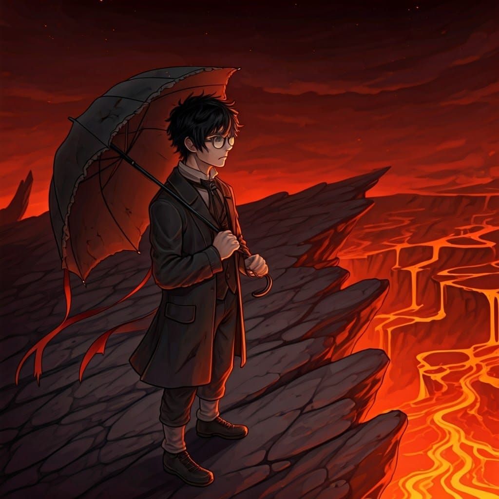 Tormented Gentleman Stands at the Edge of a Fiery Abyss