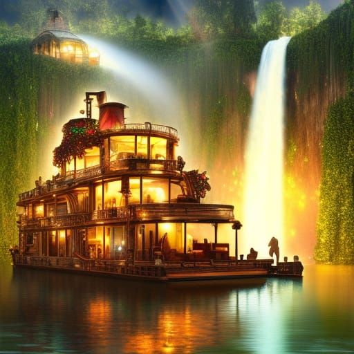 Steampunk Houseboat on Jungle Lake at Night