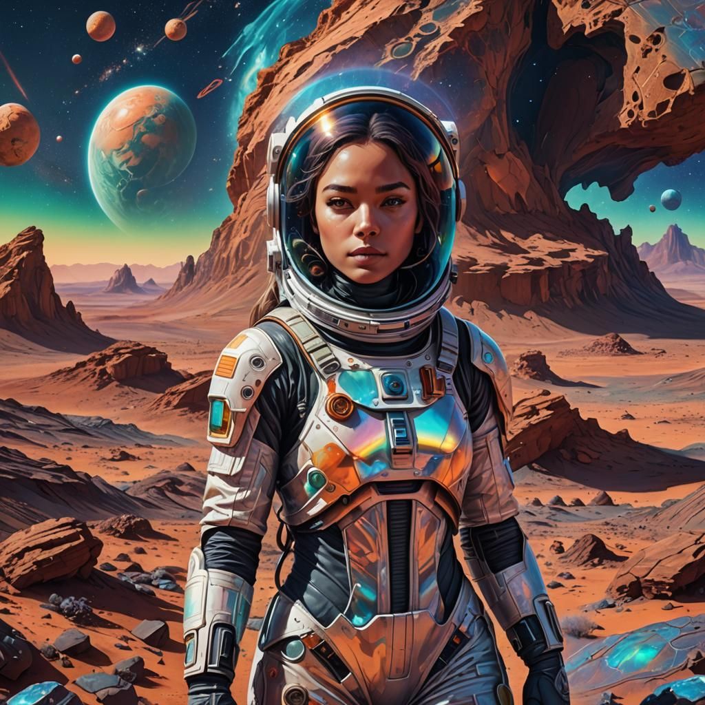 Girl in Spacesuit on Mars as Astral Illustration