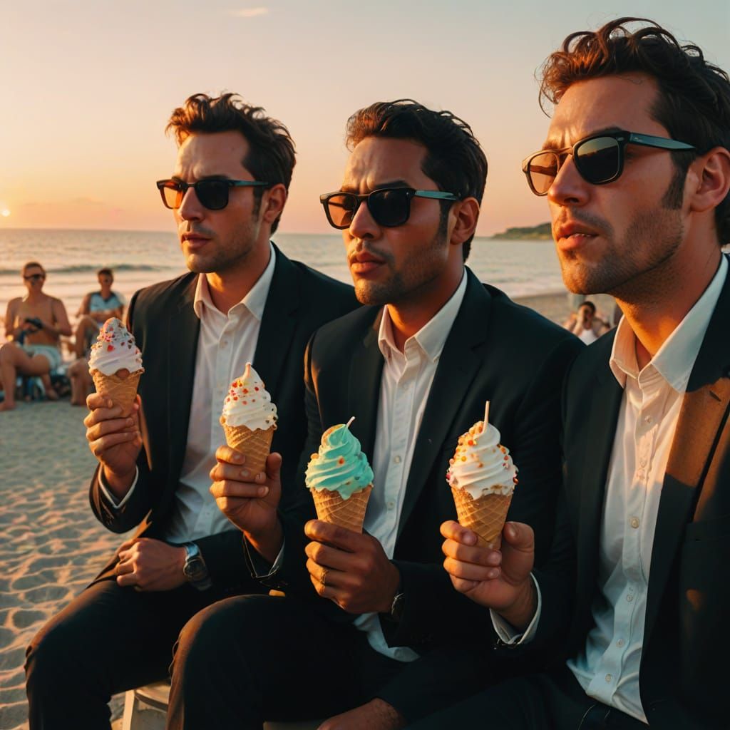 Men in Black Enjoying Ice Cream at the Beach