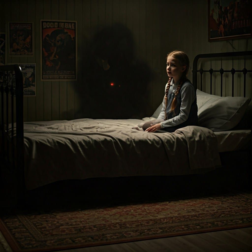 Girl Surrounded by Darkness and Shadows in a Haunting Bedroo...
