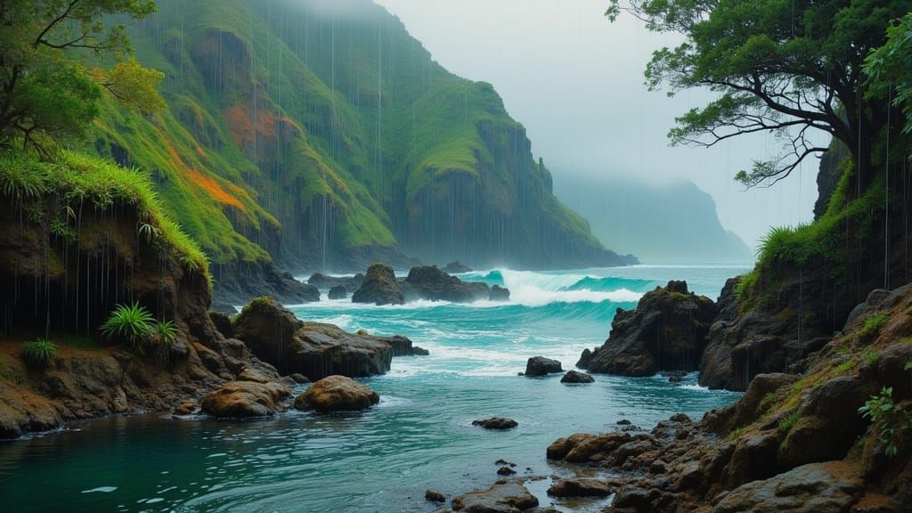 Rainy Azores Landscape with Volcanic Rock and Lush Greenery