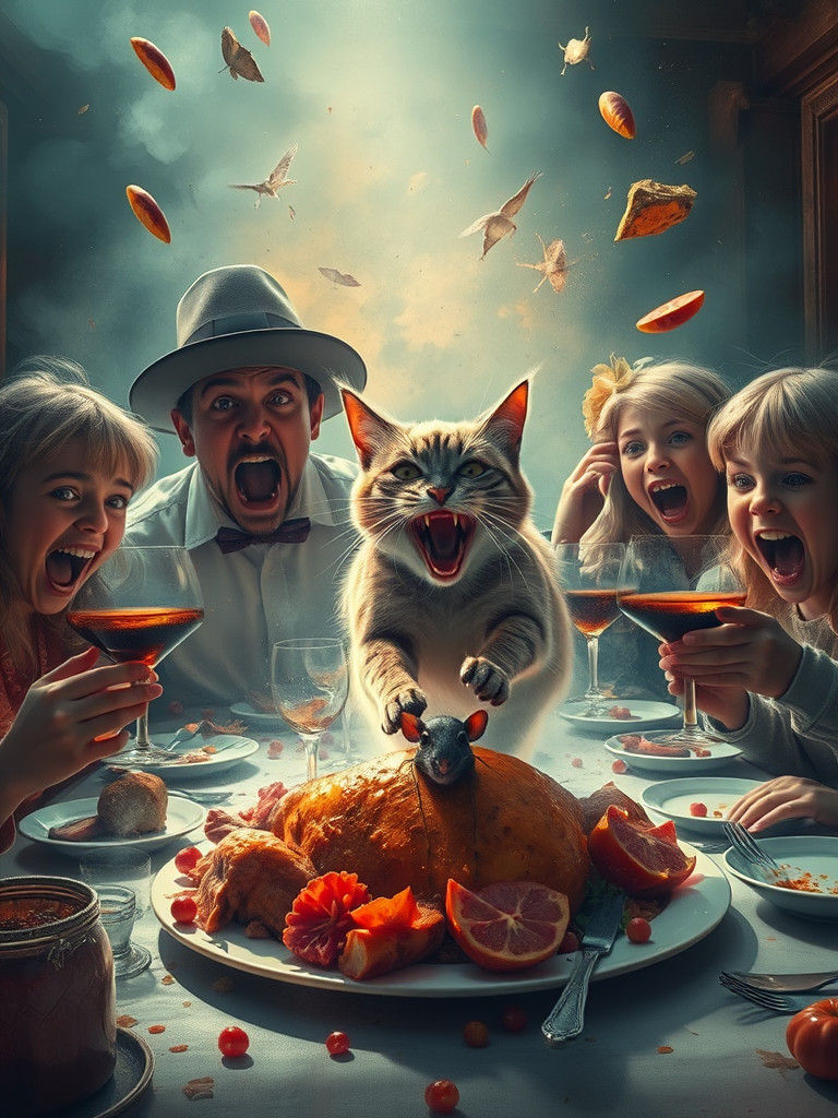 Thanksgiving Dinner Chaos with Smiling Cat in Graffiti Style