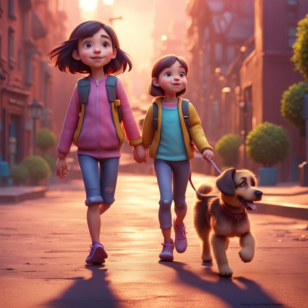 Little Girl and Dog Walking: Pixar Style 3D Art