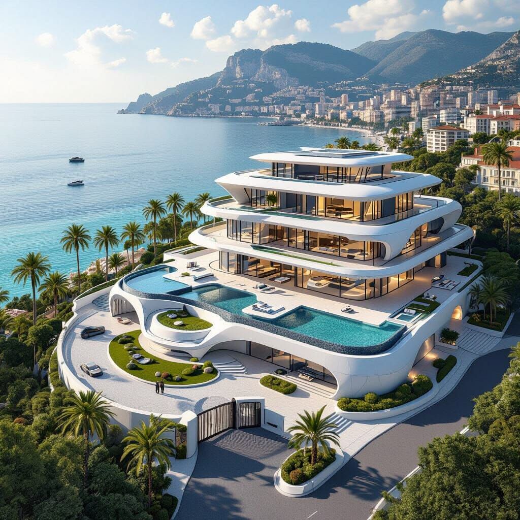 Futuristic Luxury Mansion Above Monaco: Aerial View