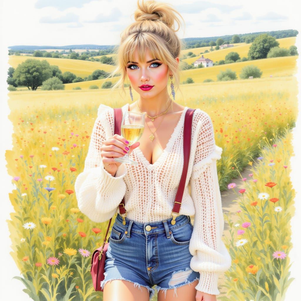 Blond Woman in Crocheted Sweater with Burgundy Suspenders, W...