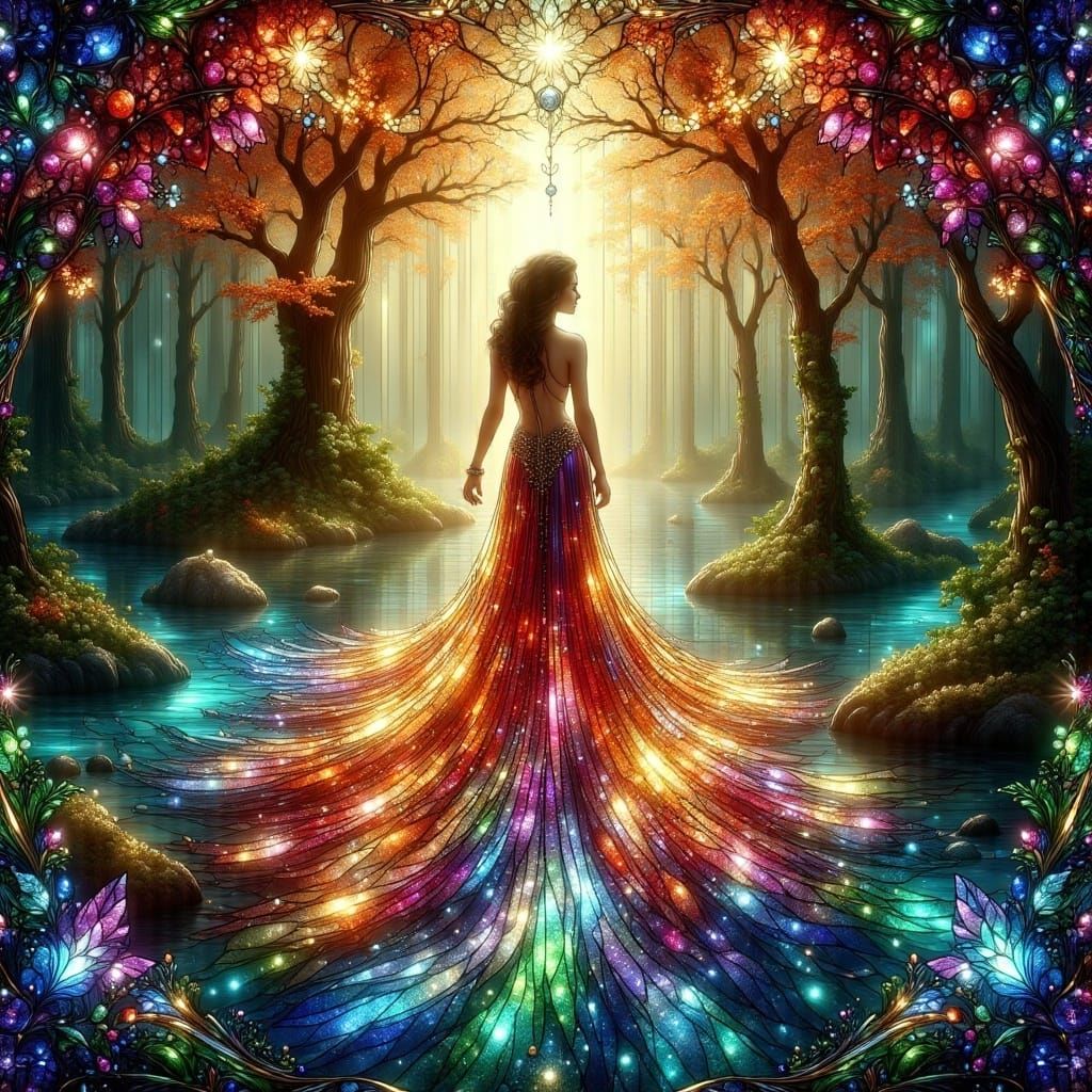 Rainbow Goddess in Stained Glass Forest