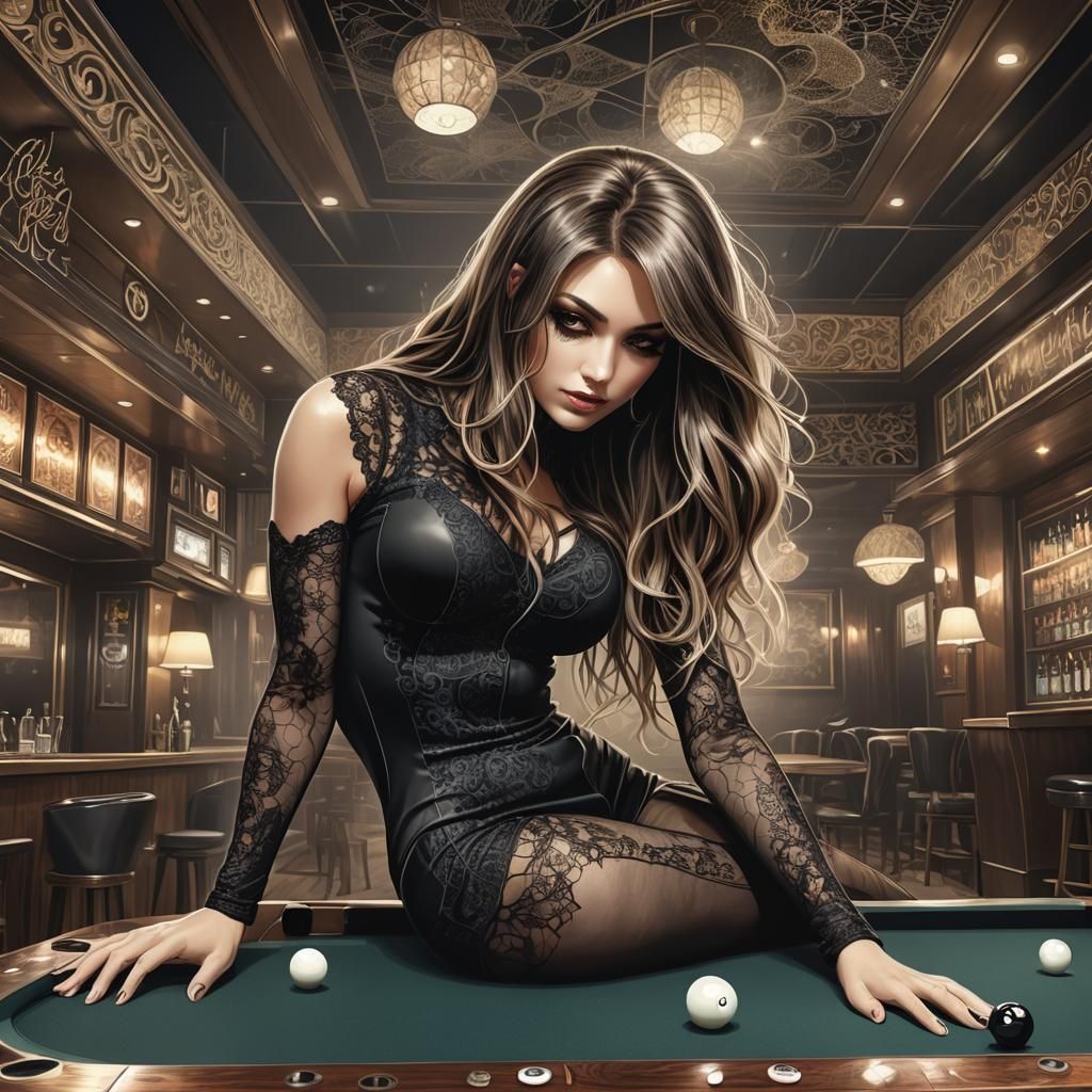 Lady in Lace Plays Pool in Smoky Bar