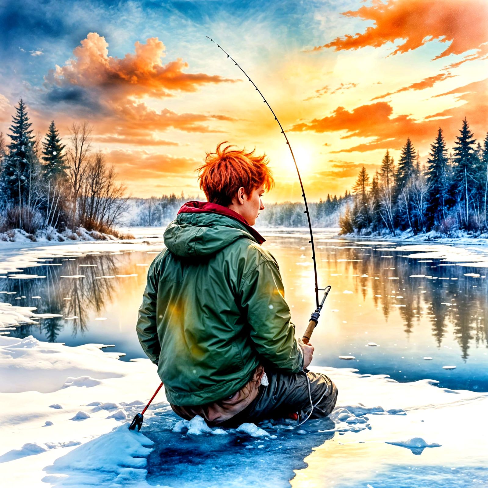 Red Haired Boy Ice Fishing in Heavenly Sunshine