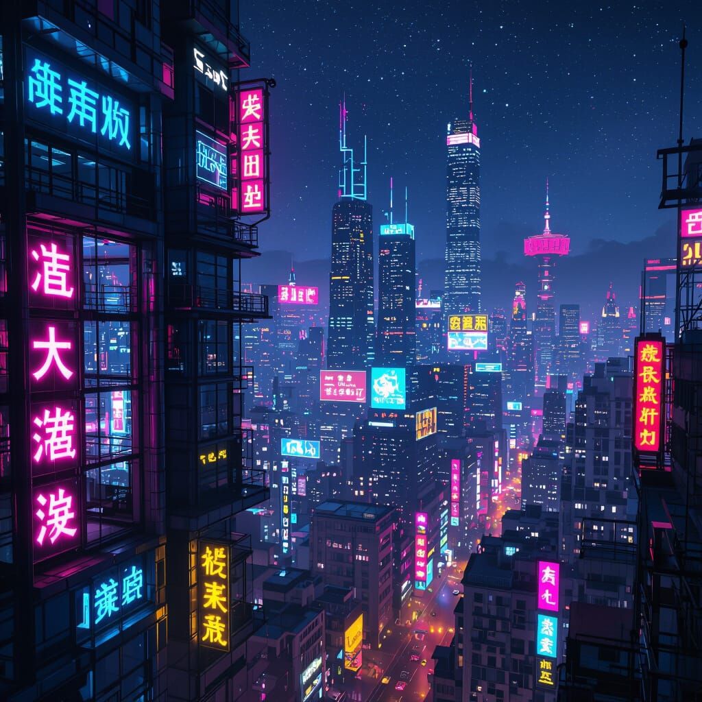 Cyberpunk Cityscape at Night in Neo-Futuristic Style