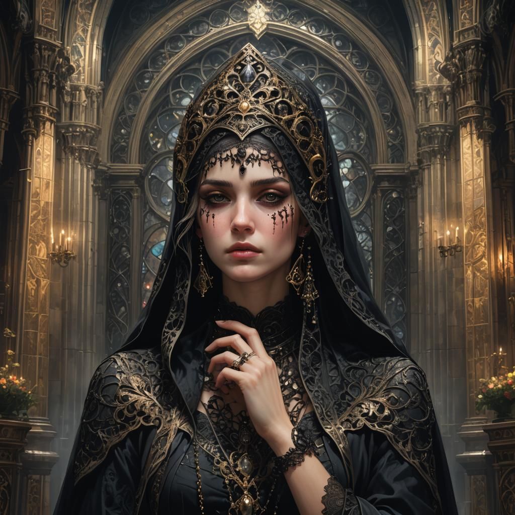 Gothic Woman in Cathedral with Lace Veil