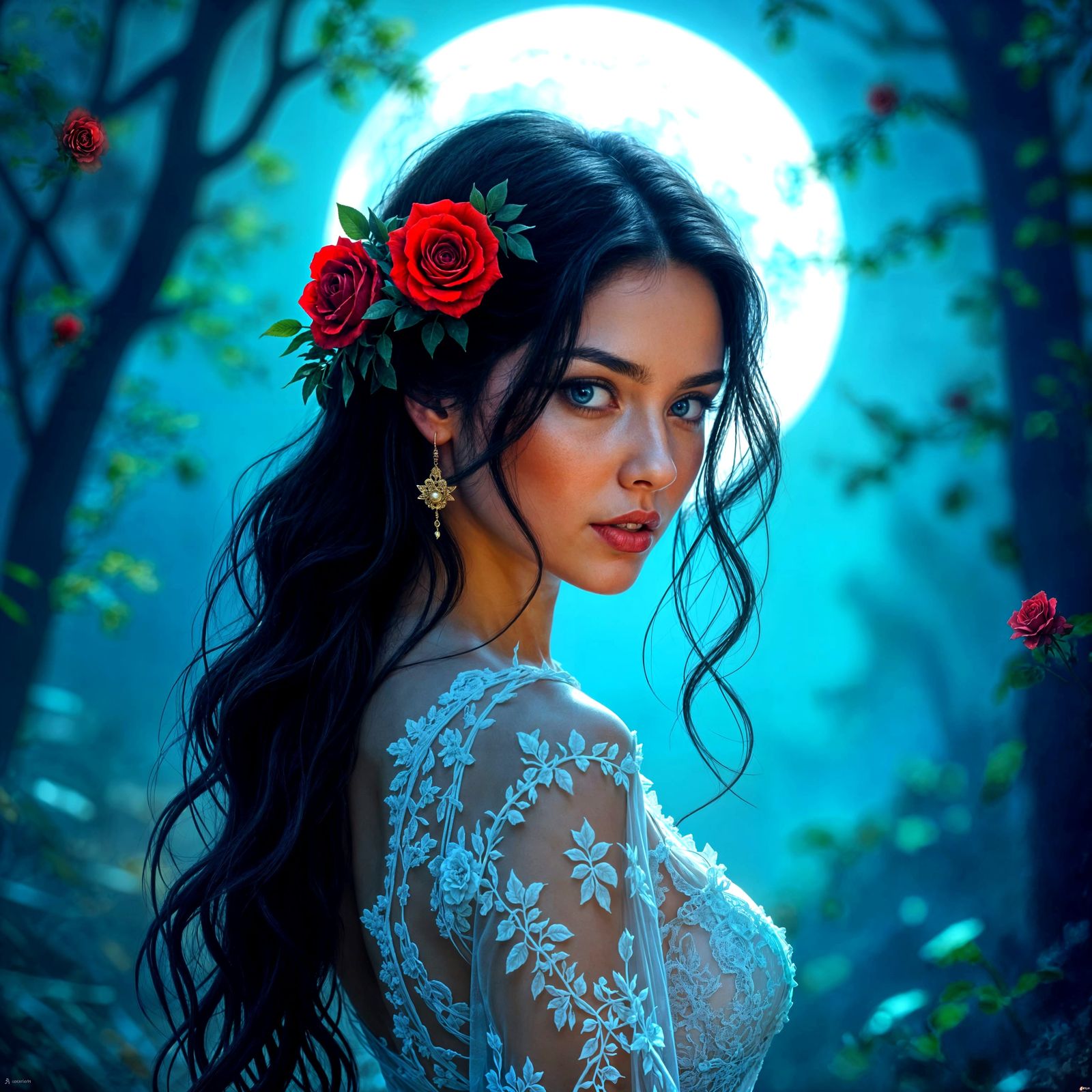 Ethereal Woman with Roses in Mystical Forest