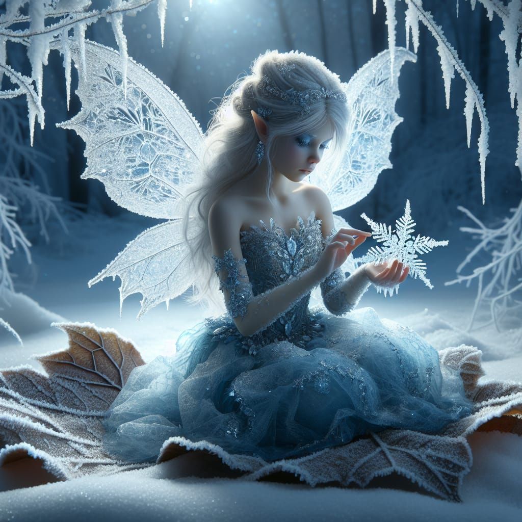 Icy Winter Fairy Crafts Snowflakes in Moonlight