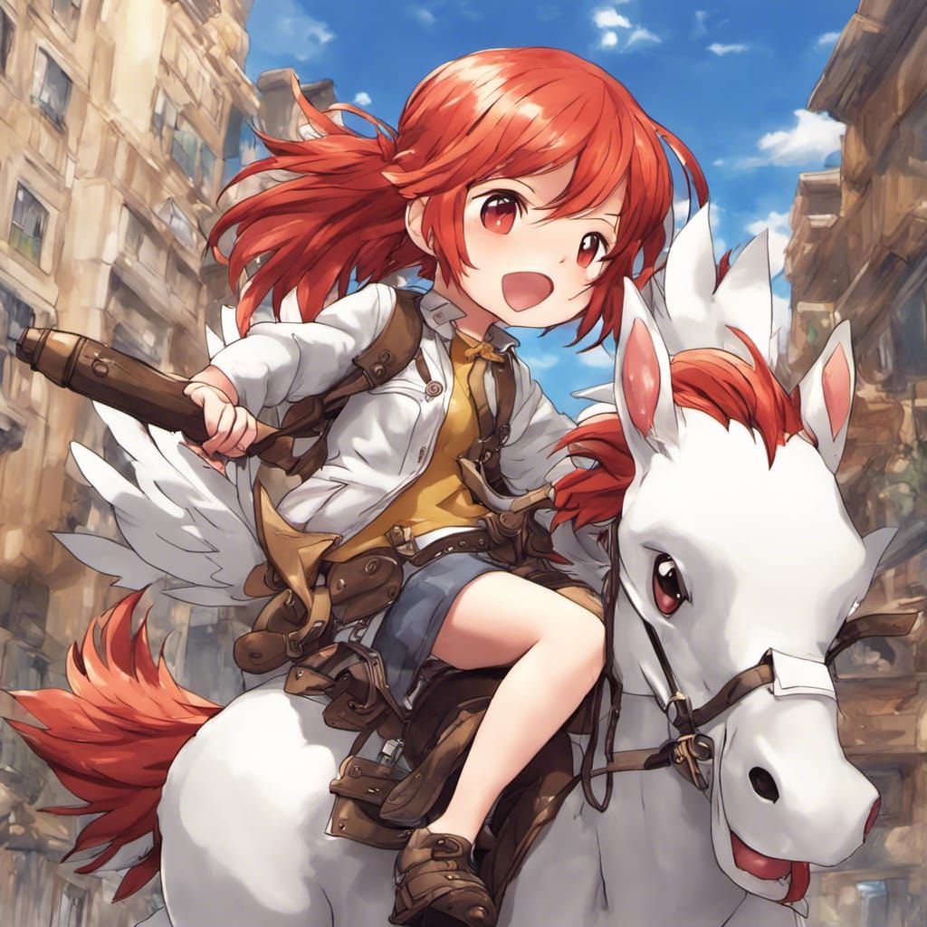 Chibi Redhead Rides a Red Chocobo in Anime Style