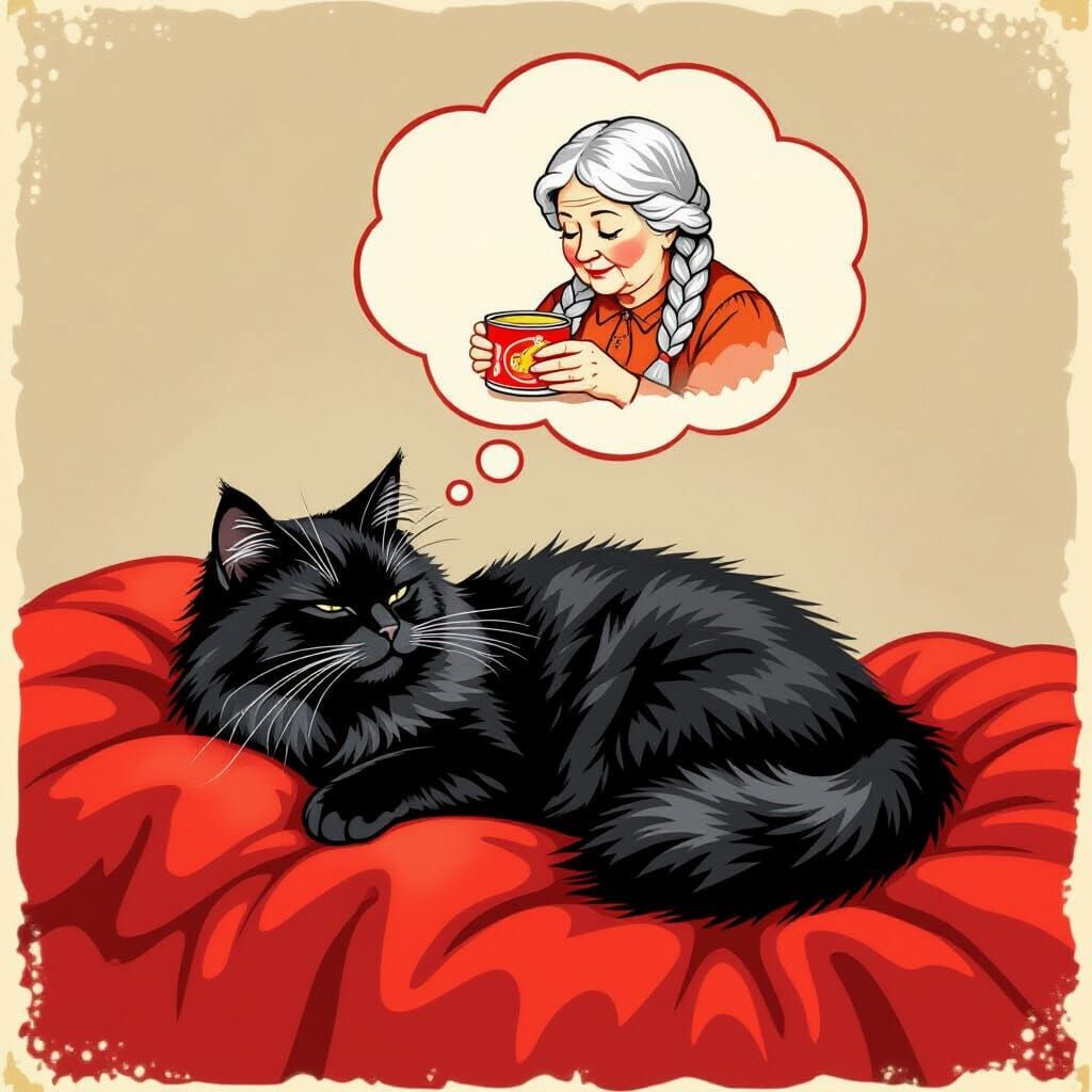 Fluffy Black Cat Dreams of Cat Food
