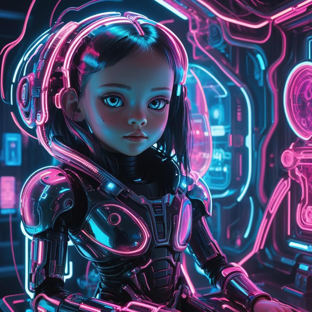 Cyberpunk Girl with Futuristic Toy Doll