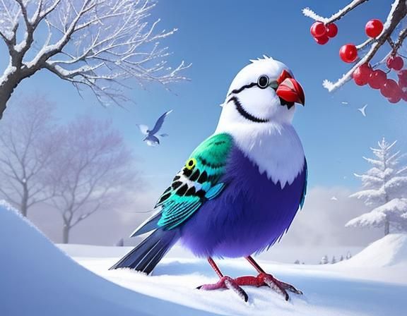Birds in Snowy Landscape with Anime Style Sky