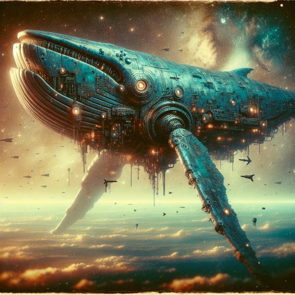 Steampunk Cyborg Whale Drifting Through Space