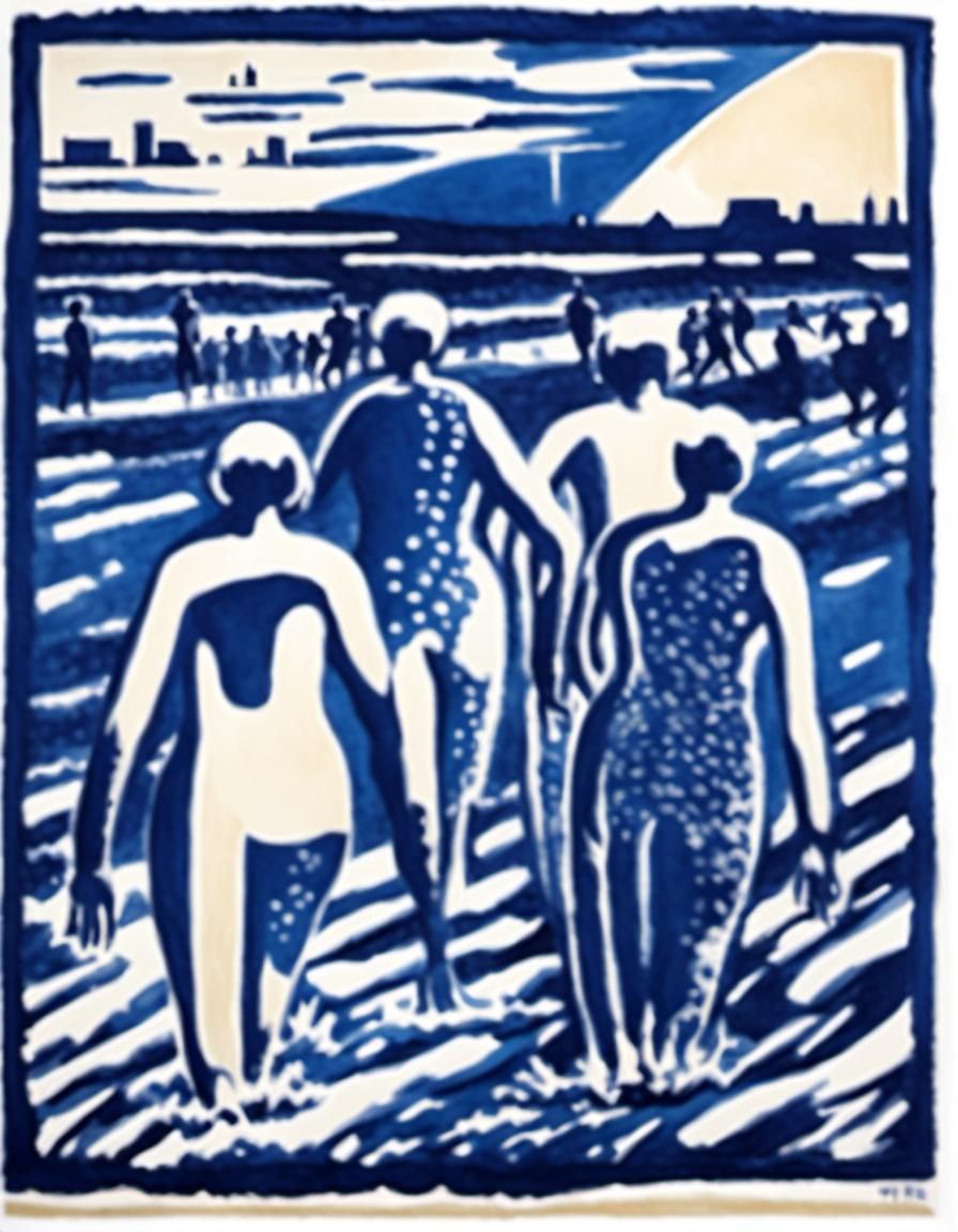 Empowered Woman Soars into Surf in Lino Cut Style
