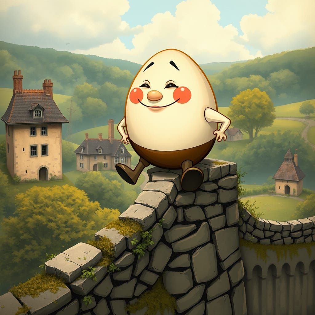Whimsical Medieval Egg Sits on Crumbling Wall