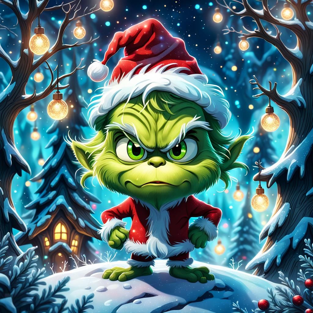 Chibi Grinch in Frozen Forest with Christmas Lights