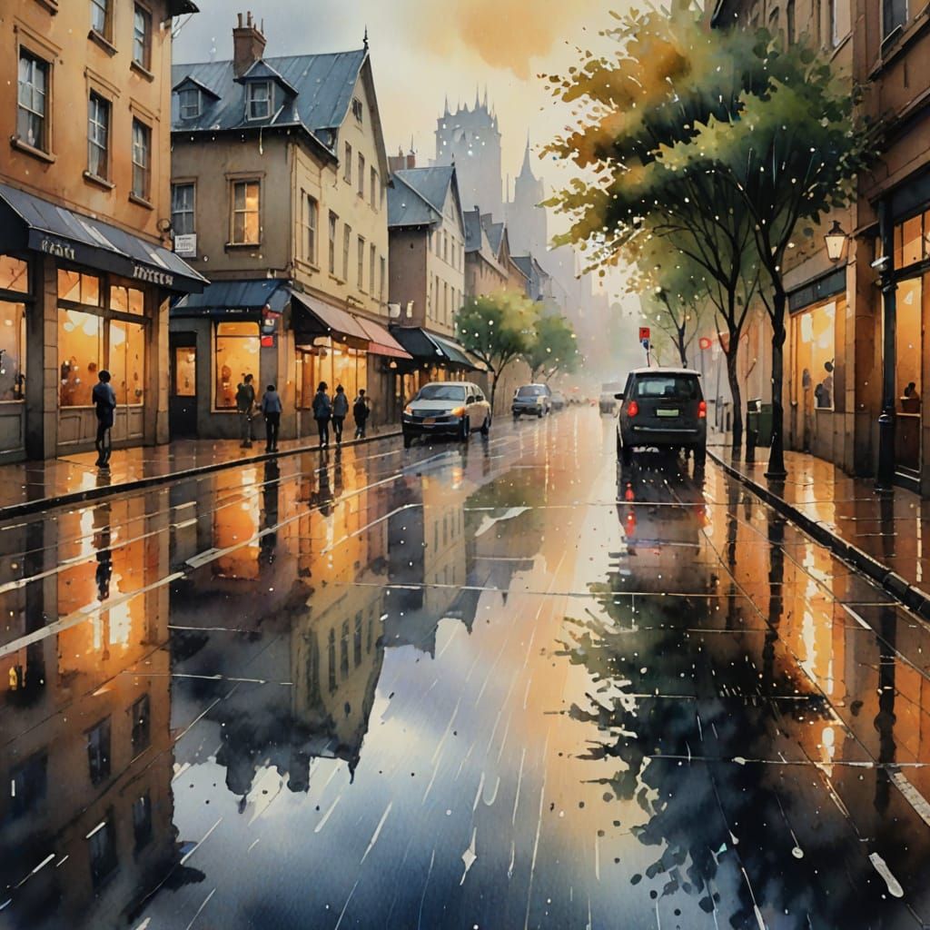 Rainy City Street Scene in Watercolor Style