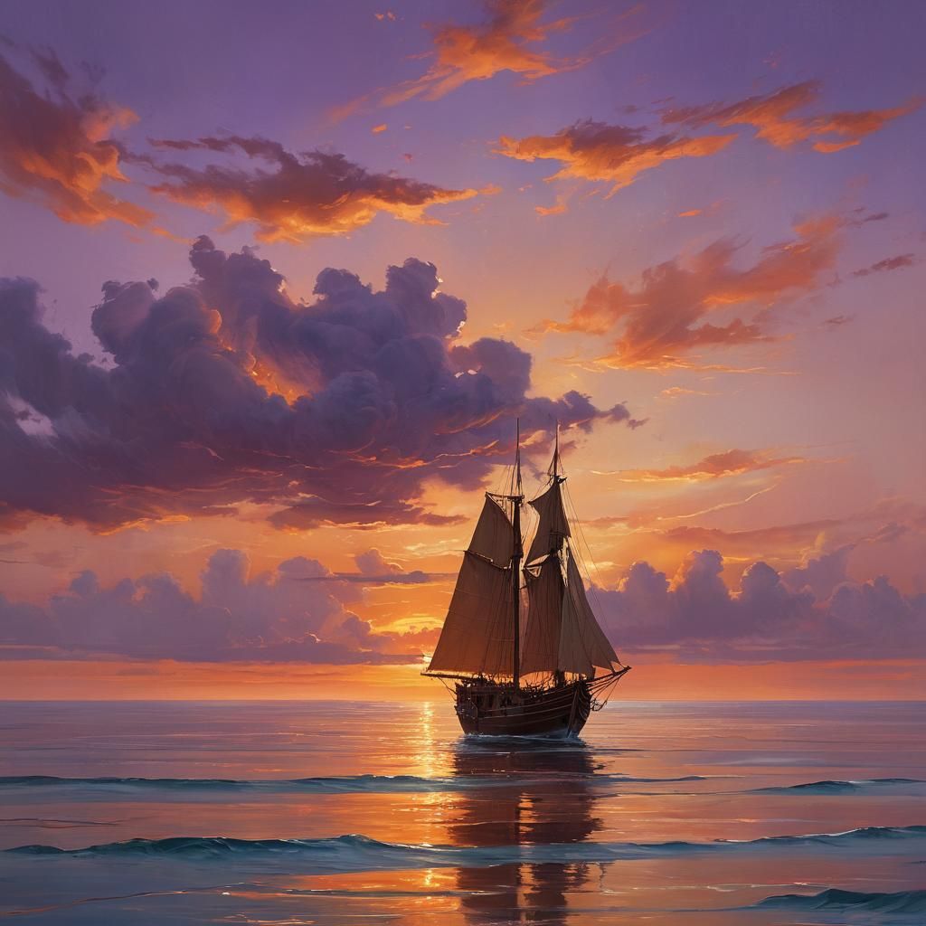 Sunset Ship on Painted Sea: Vibrant Oil Painting