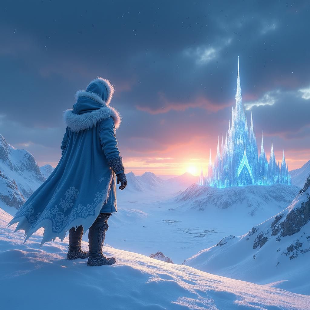 Icy Figure Gazes at Shimmering Horizon in Fantasy Landscape