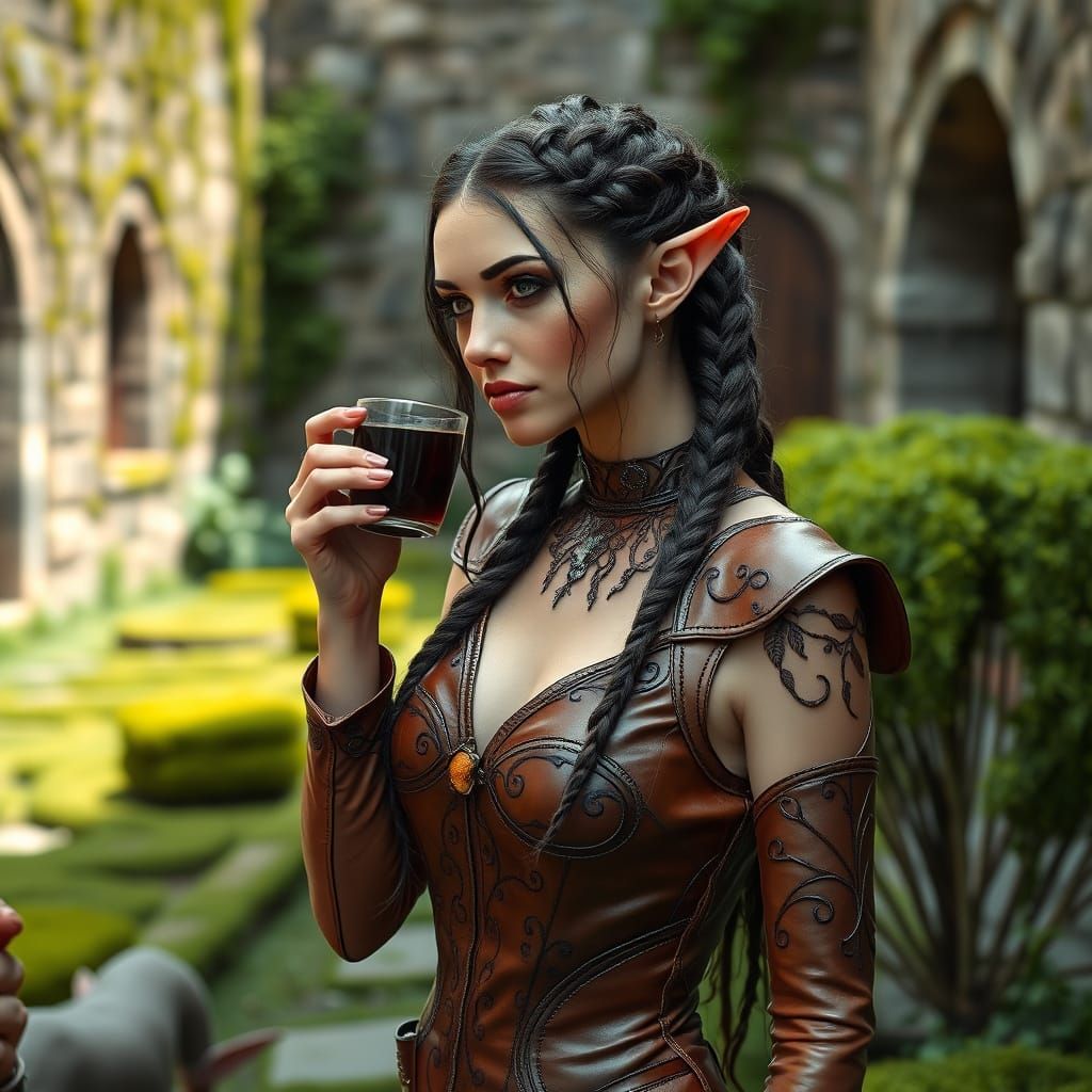 Elegant Elf Women in Courtyard as Digital Painting