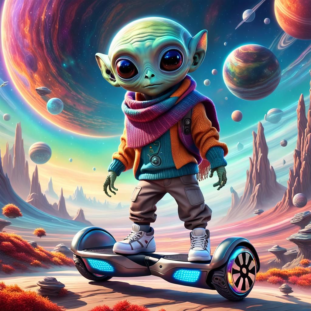 Alien on Hoverboard in Surreal Sci-Fi Landscape