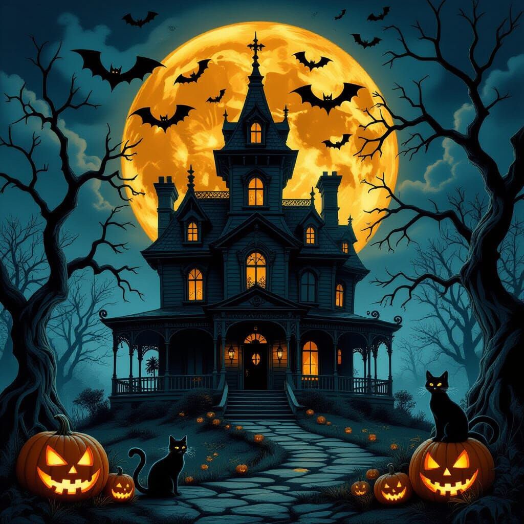 Gothic Haunted Mansion Under Jack O Lantern Moon