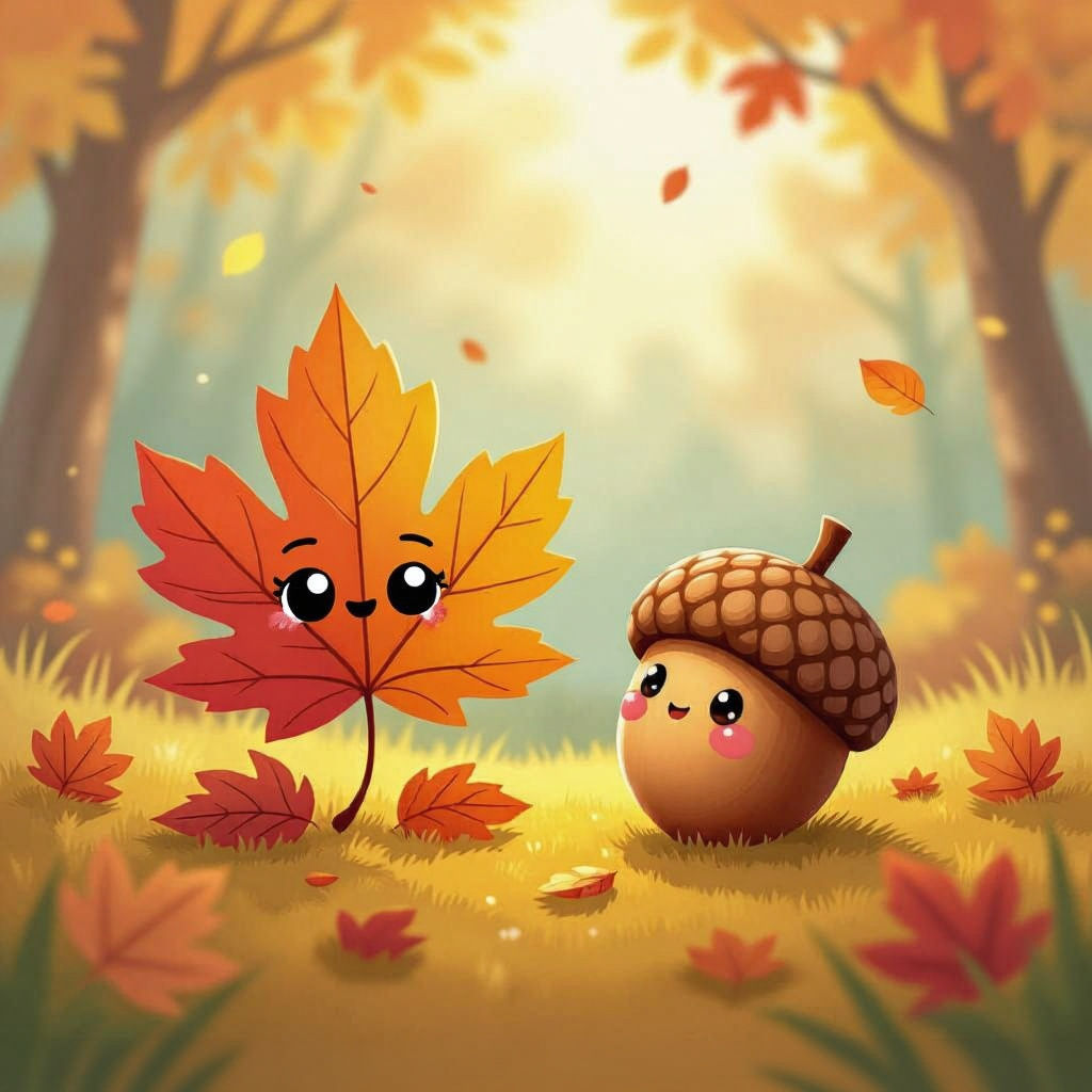Kawaii Fall Leaf and Acorn in Candyland Style