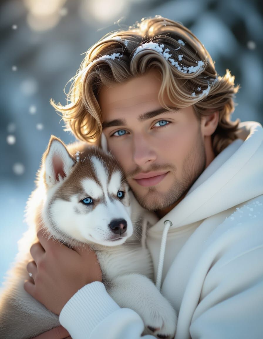 Man Cradles Husky Puppy in Snowy Golden Hour