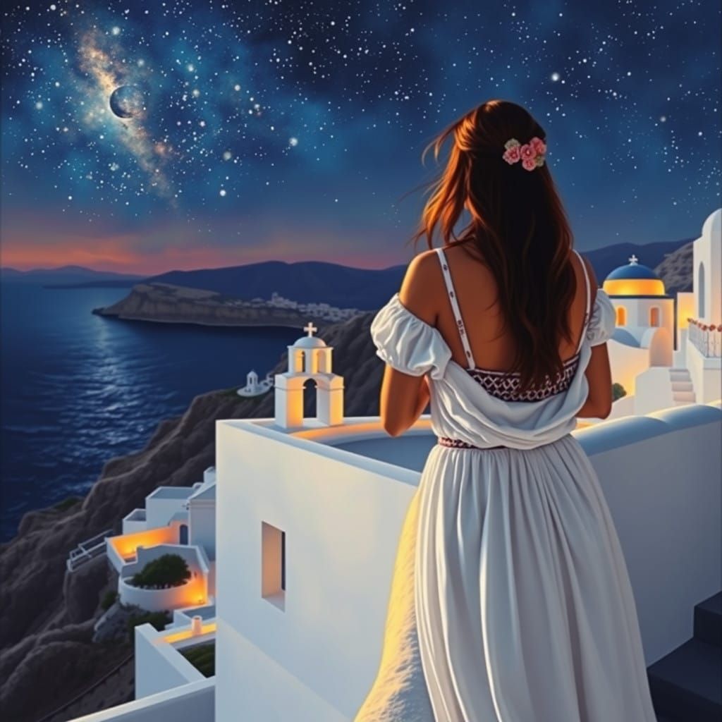 Greek Goddess Gazing Out at Santorini's Starry Night Sky
