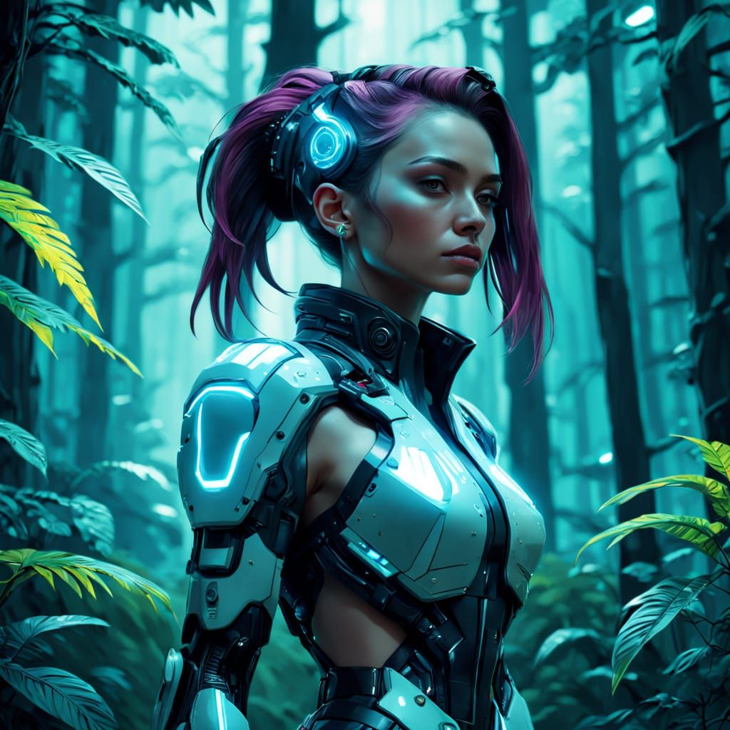 Cyberpunk Woman in Lush Forest, Ethereal Lighting