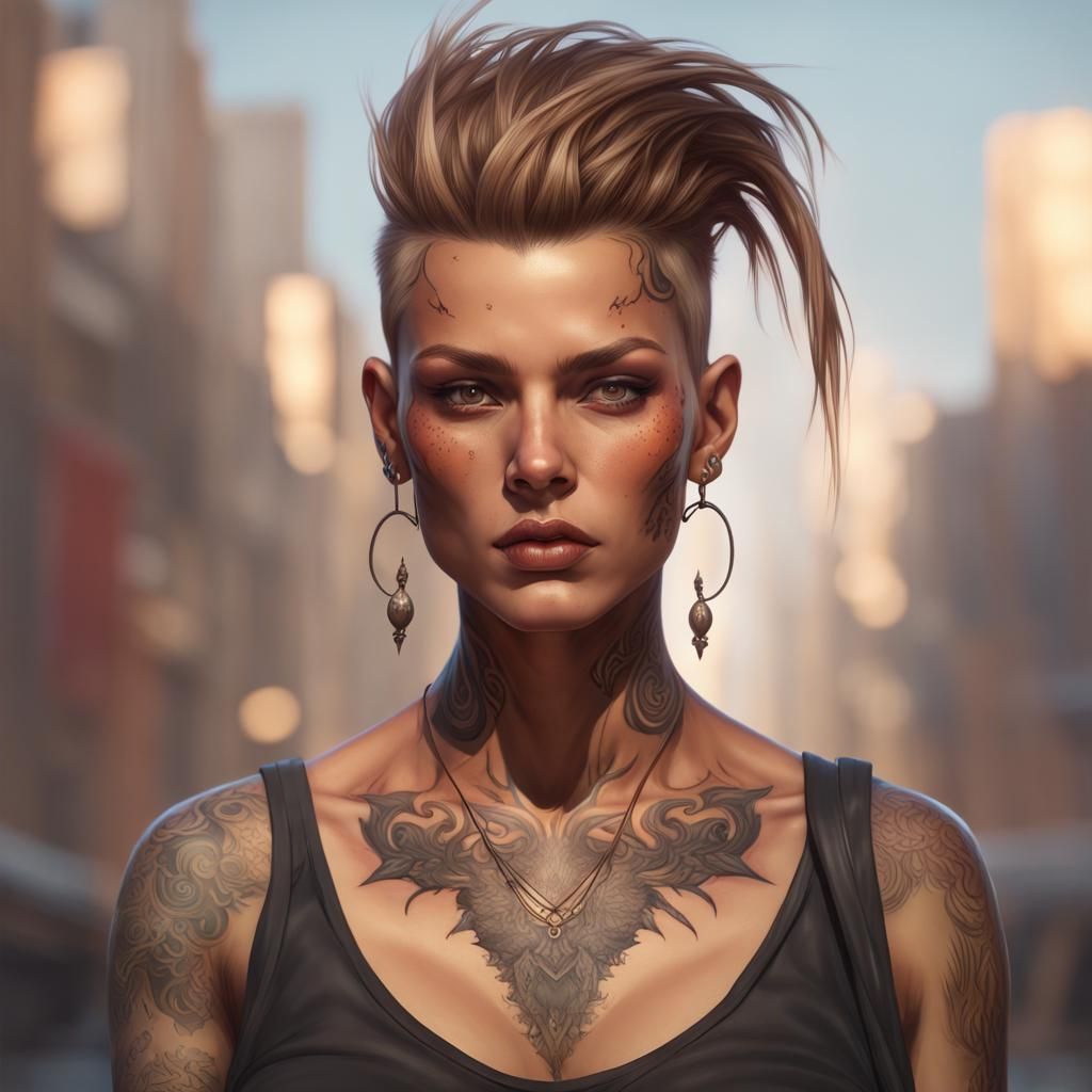 Tattooed Woman Portrait in Detailed Digital Art Style