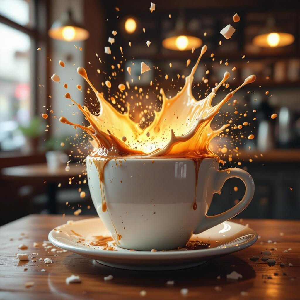 Exploding Coffee Cup in London Cafe: Hyperrealistic Digital ...