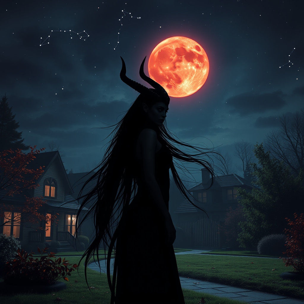 Eerie Demoness Visits House at Night in Cinematic Style