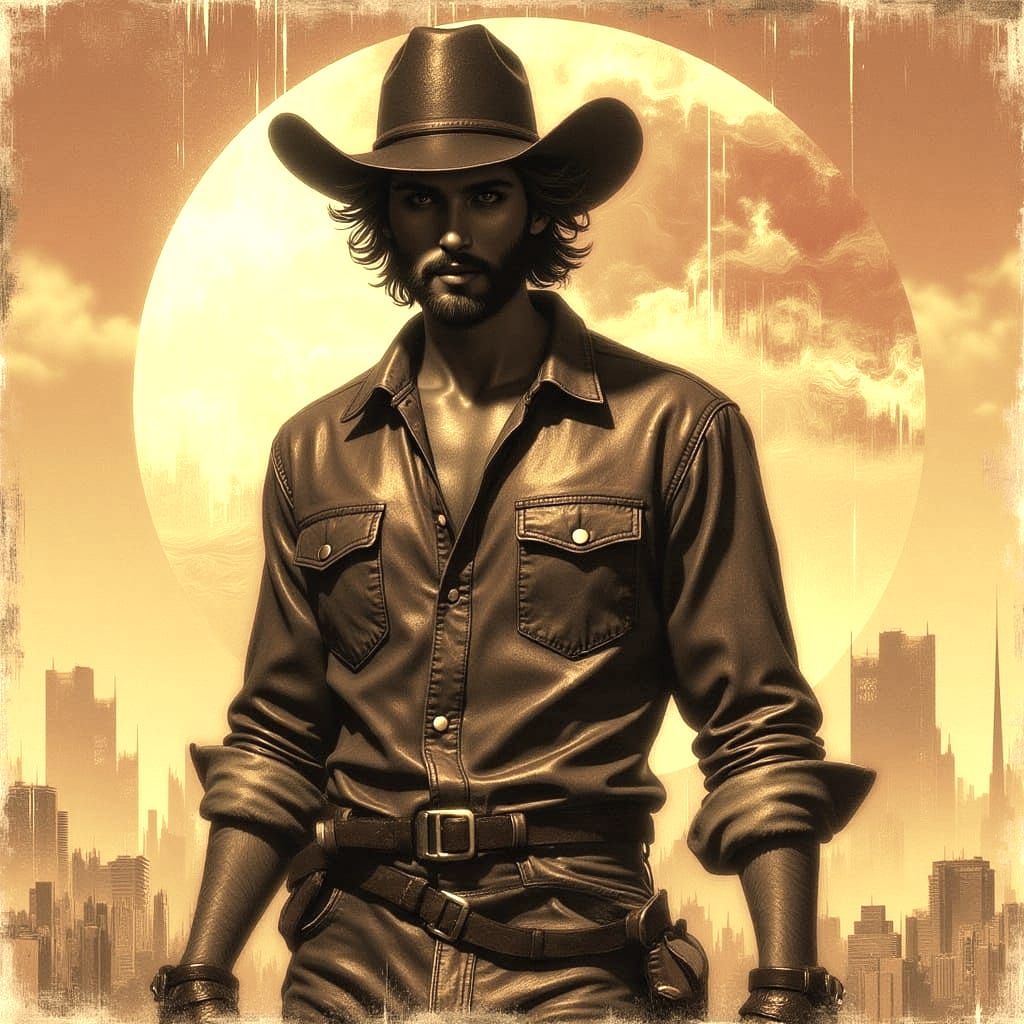 Rugged Cowboy Portrait in Glitch Foil Style